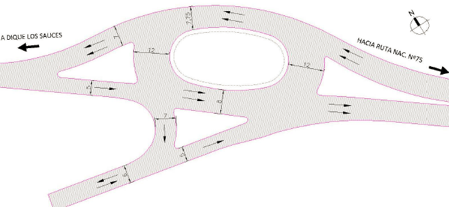 Croquis de la intersección con el camino al pie de la presa.