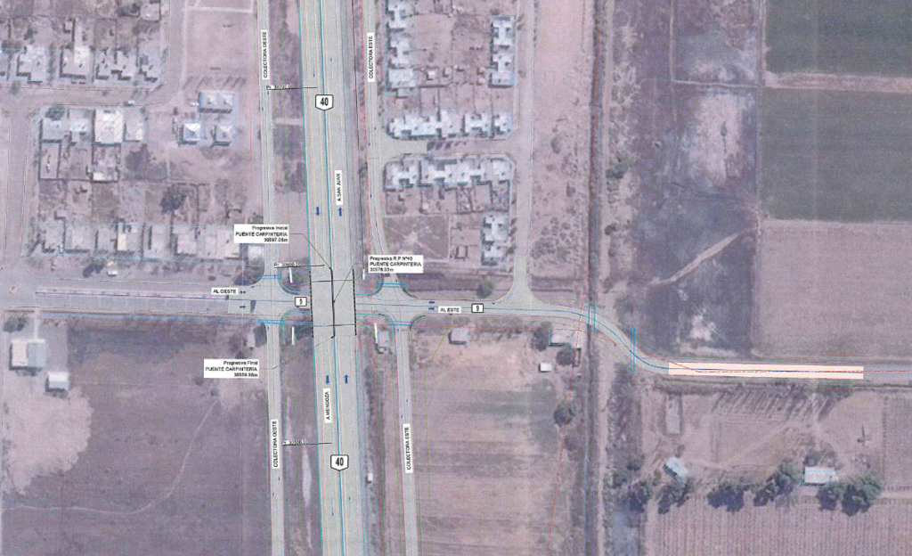 Croquis del cruce alto nivel en el acceso a Carpinetería (RP9) sobre imagen satelital